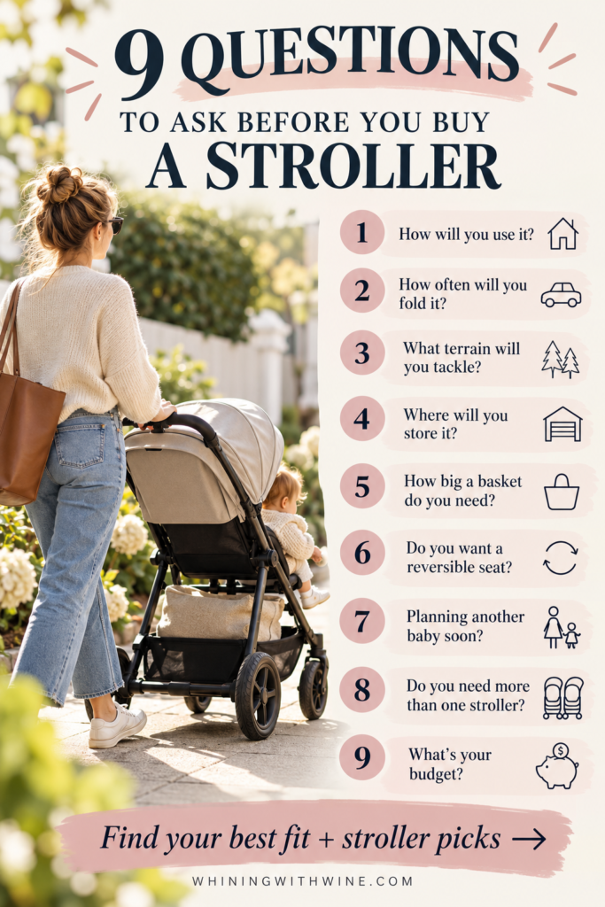 Stroller buying guide: 9 questions to ask before you buy a stroller, covering how you'll use it, fold, terrain, storage, basket size, reversible seats, another baby, how many strollers, and budget
